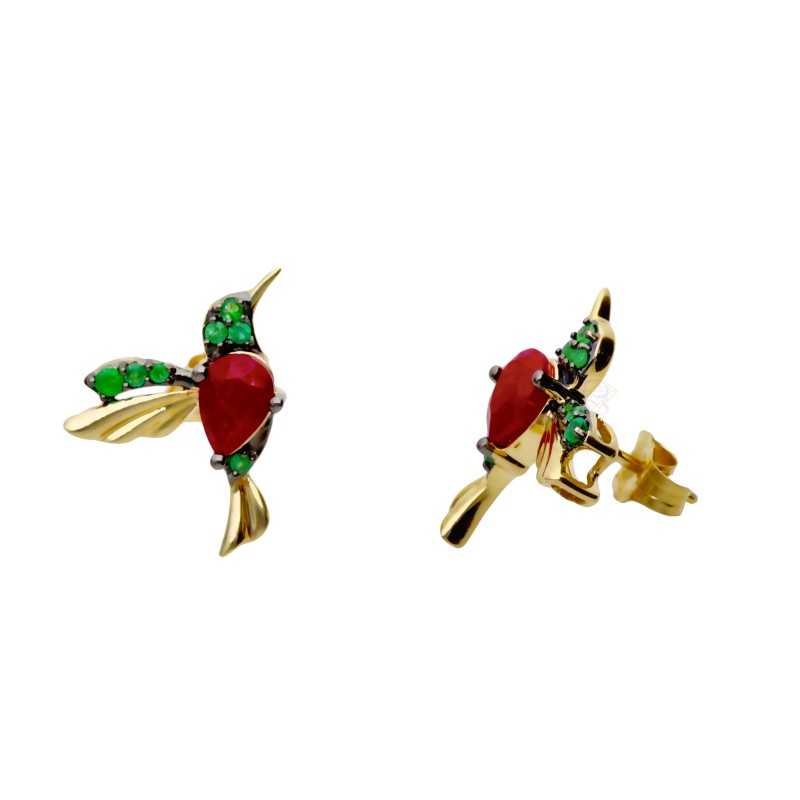 Kolczyki złote Au 585 Koliber Rubin i Szmaragd