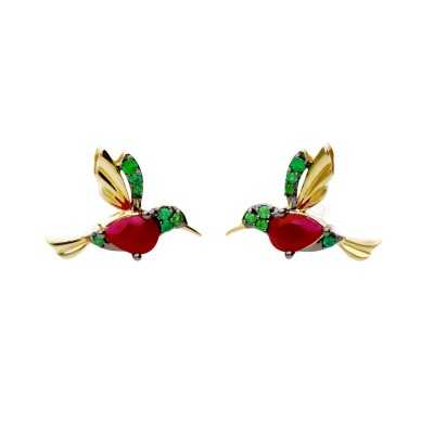 Kolczyki złote Au 585 Koliber Rubin i Szmaragd