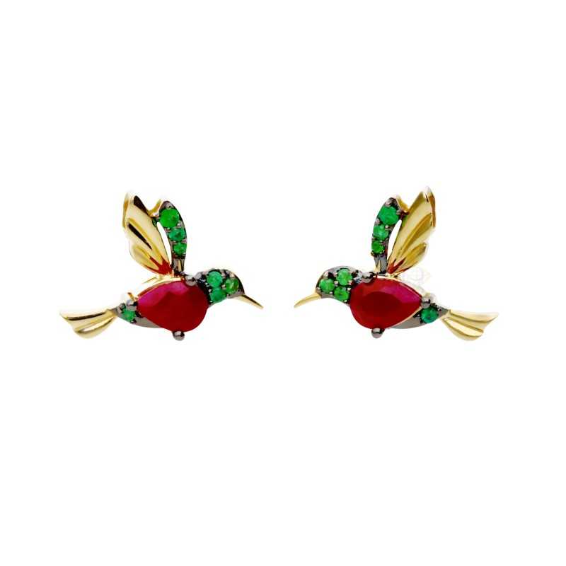 Kolczyki złote Au 585 Koliber Rubin i Szmaragd