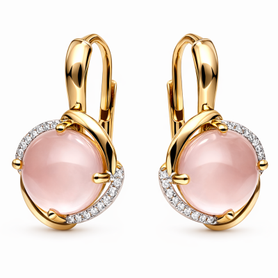 Kolczyki złote Au 585 Kwarc Różowy i diamenty
