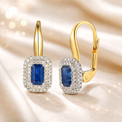 Złote kolczyki Au585 z szafirem i diamentem 0,74ct