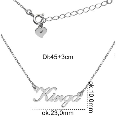 Naszyjnik srebrny Ag 925 rodowany imię Kinga
