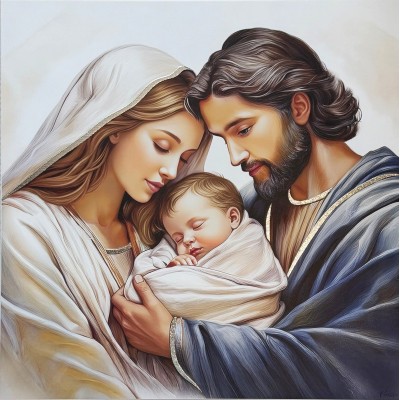 Obraz malowany na białym drewnie Święta Rodzina CU