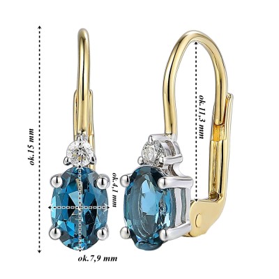 Kolczyki złote Au 585 Topaz London Blue i diamenty