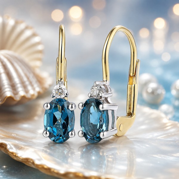 Kolczyki złote Au 585 Topaz London Blue i diamenty