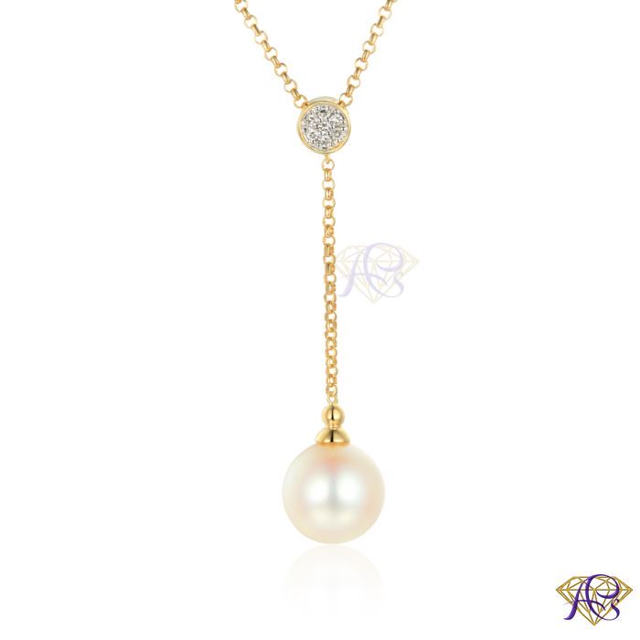 Złoty naszyjnik z perłą i  diamentami N09370